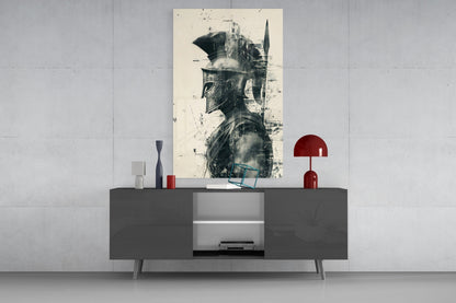 Monochrome Ink Spartan Helmet Glass Wall Art