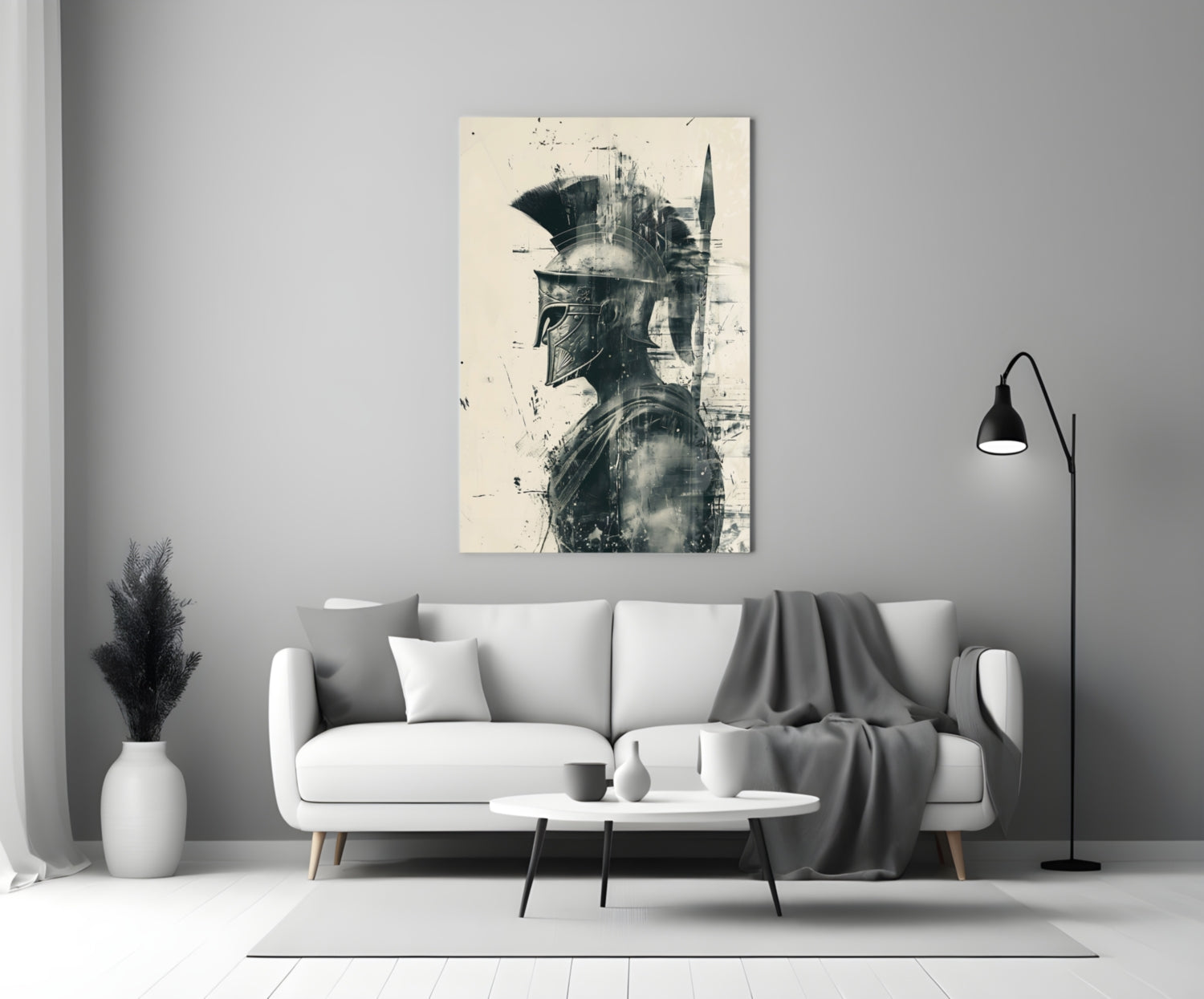 Monochrome Ink Spartan Helmet Glass Wall Art
