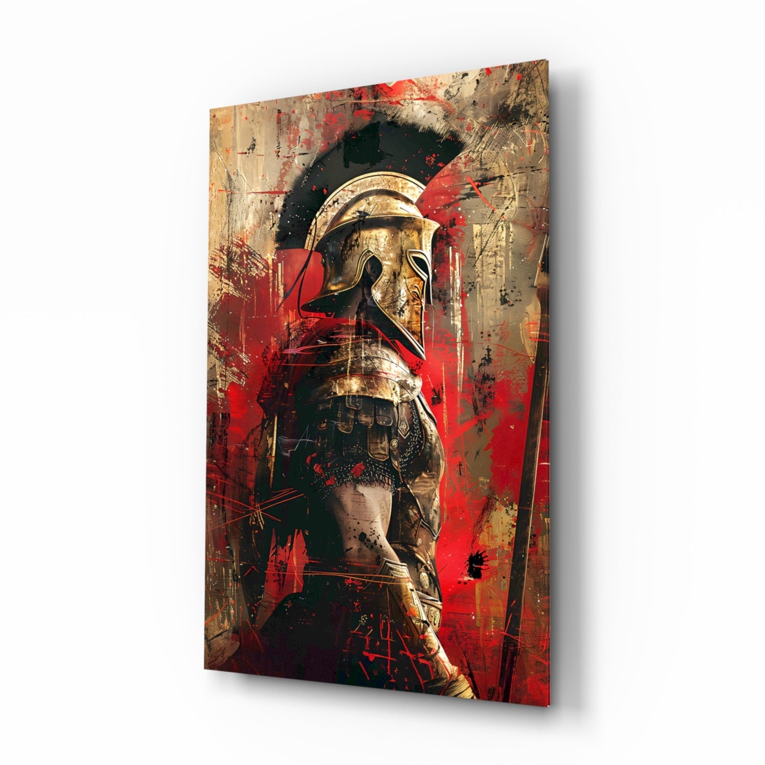 Crimson Splatter Gladiator Glass Wall Art