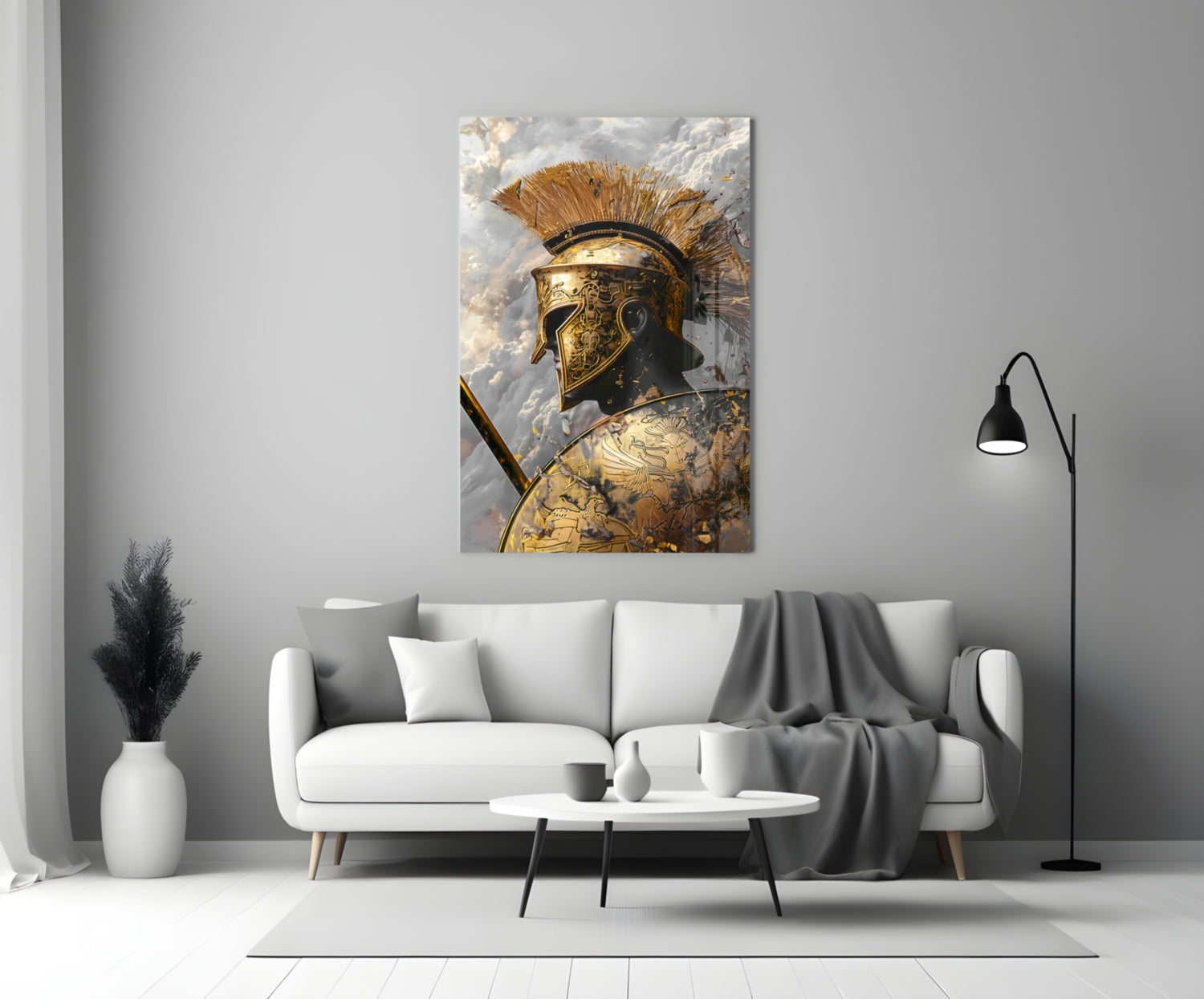 Golden Spartan Helmet Clouds Glass Wall Art