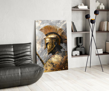 Golden Spartan Helmet Clouds Glass Wall Art