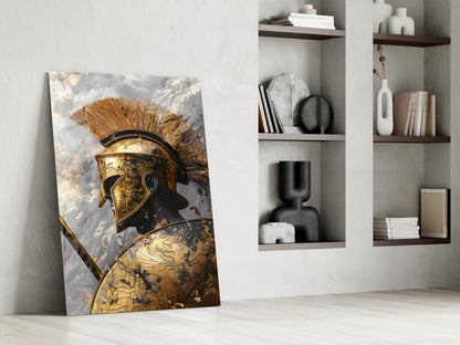 Golden Spartan Helmet Clouds Glass Wall Art