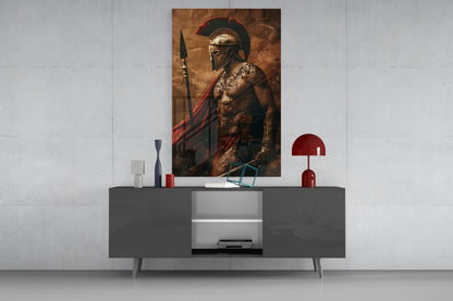 Bare Chested Spartan Spear Glass Wall Art