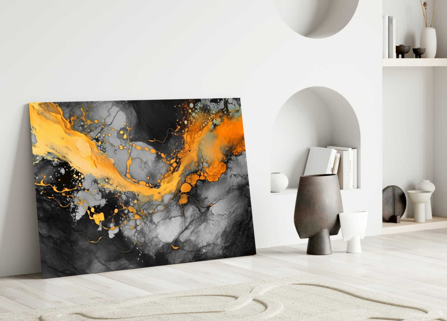 Orange Ink Wave Gray Marble Glass Wall Art