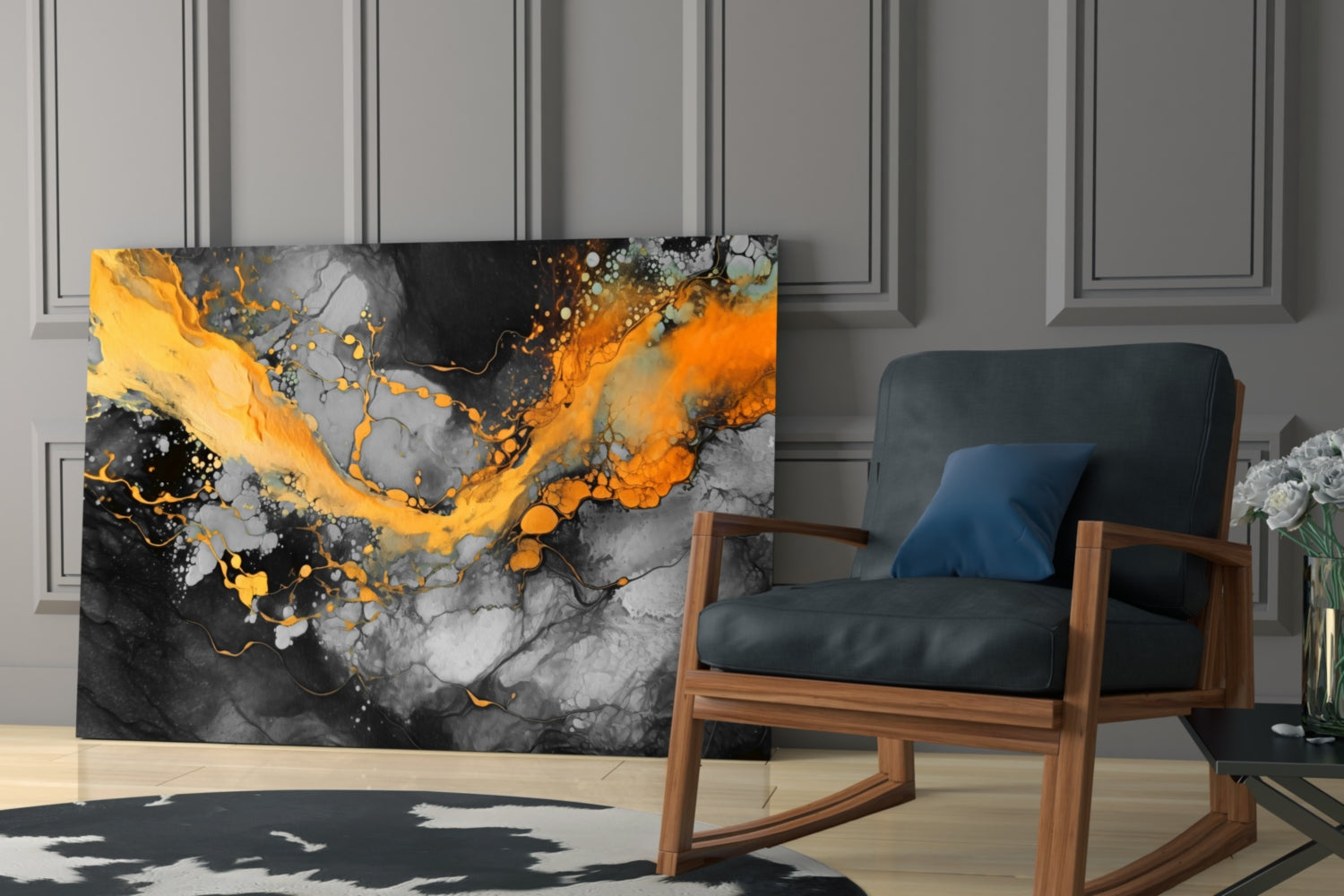 Orange Ink Wave Gray Marble Glass Wall Art