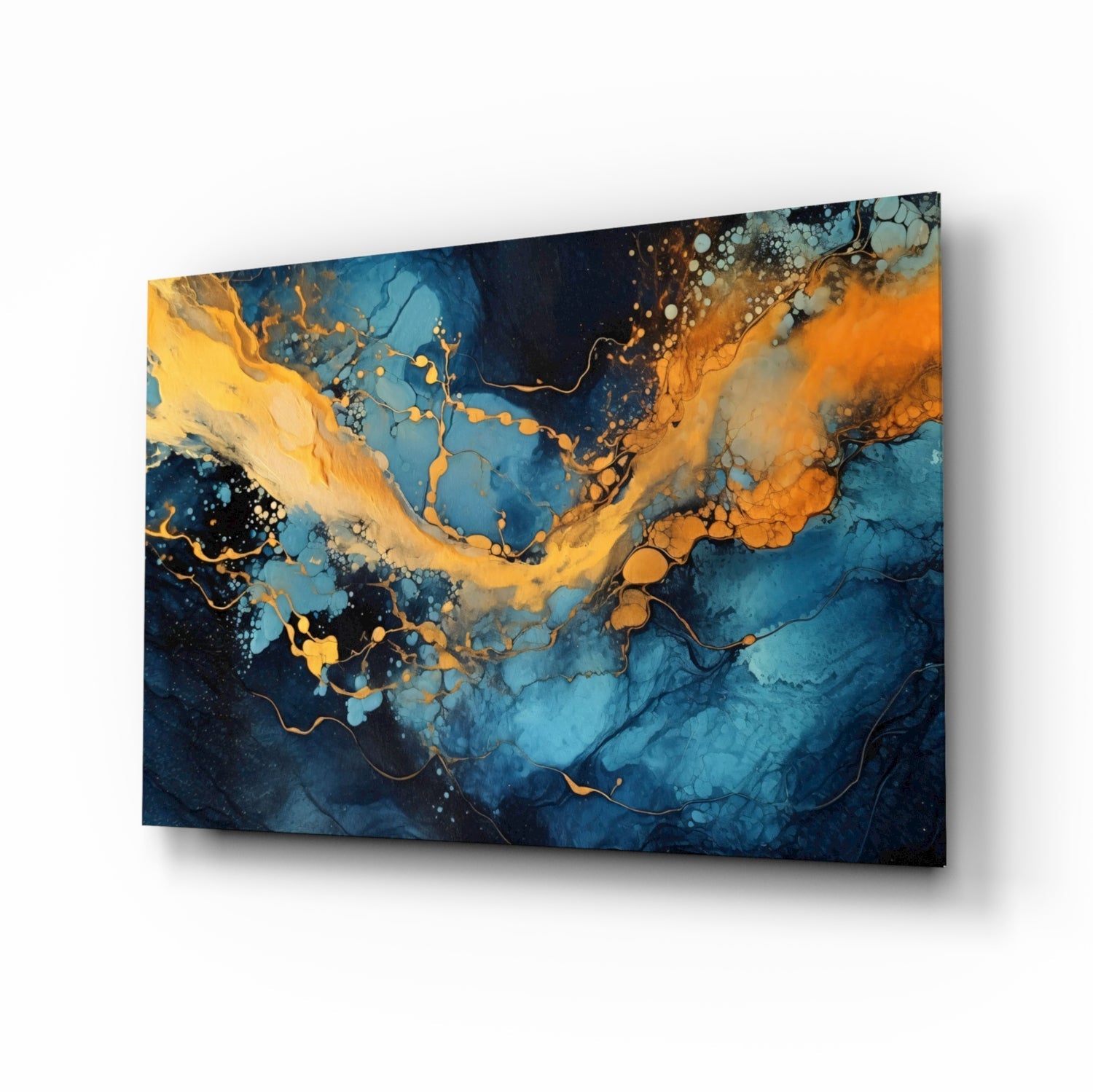Turquoise Amber Ink Marble Flow Glass Wall Art