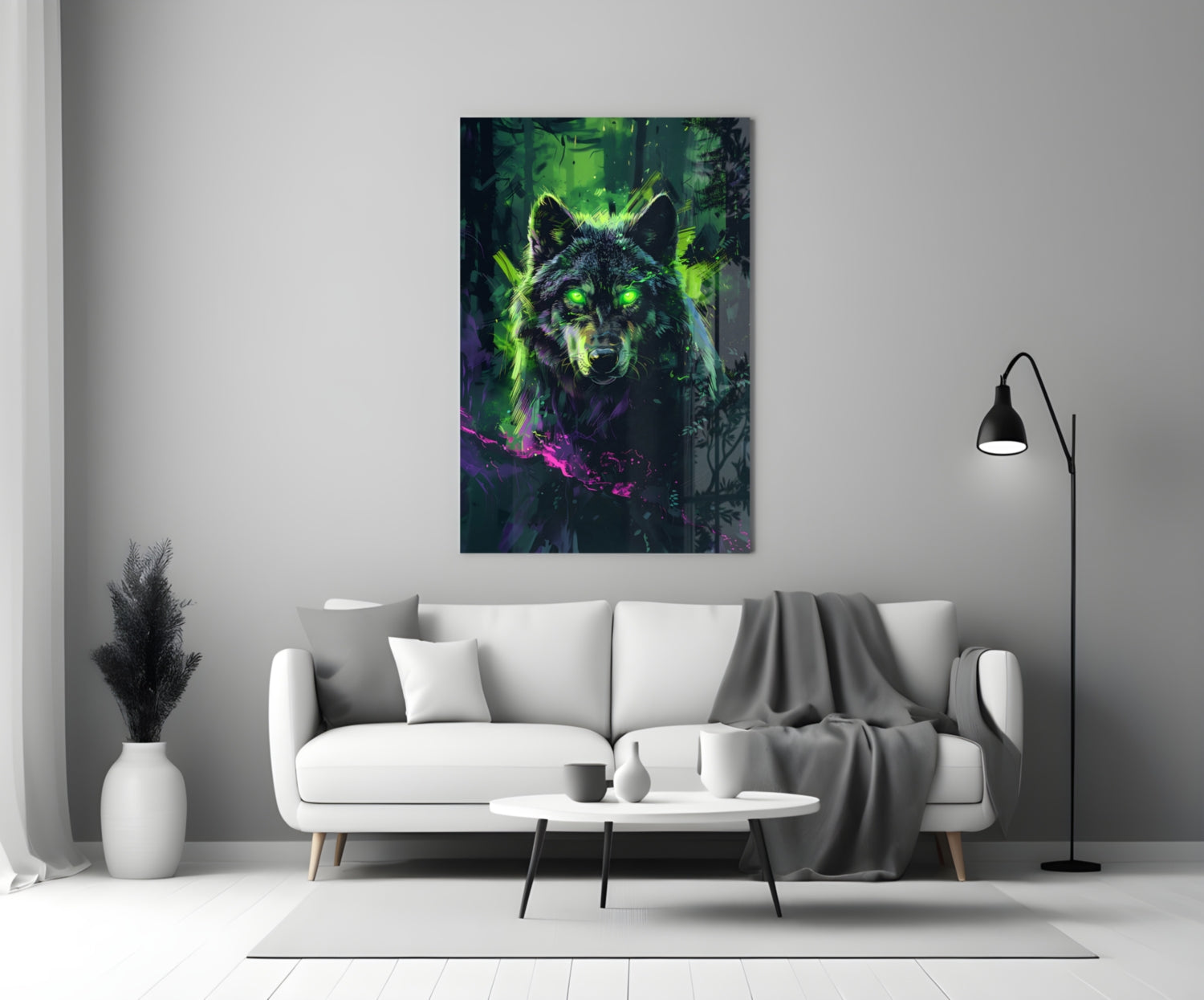 Cyber Neon Rain Green Wolf Glass Wall Art