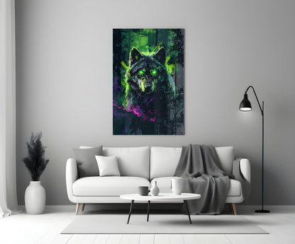 Cyber Neon Rain Green Wolf Glass Wall Art