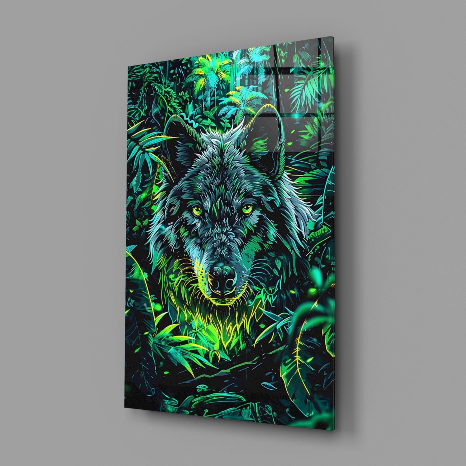 Tropical Foliage Portrait Wolf Glass Wall Art