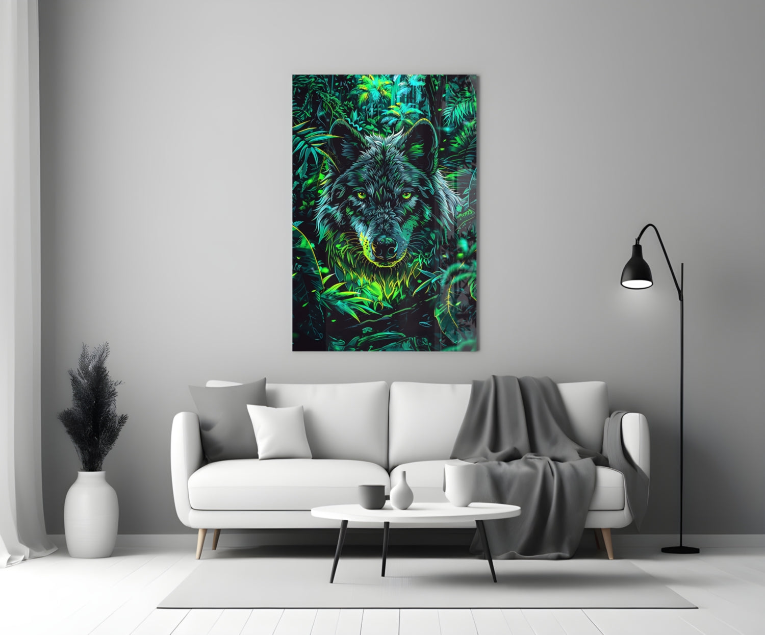 Tropical Foliage Portrait Wolf Glass Wall Art