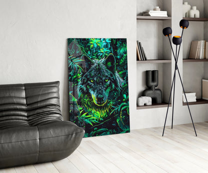 Tropical Foliage Portrait Wolf Glass Wall Art