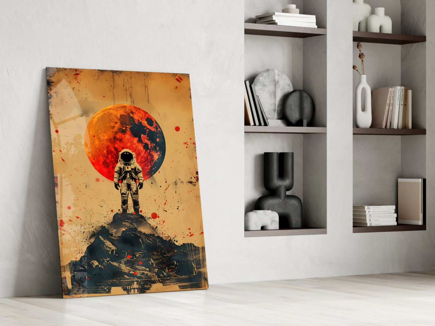 Red Moon Mountain Astronaut Glass Wall Art