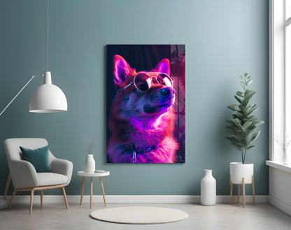 Pink Neon Shiba Aviator Dog with Glasses Glass Wall Art