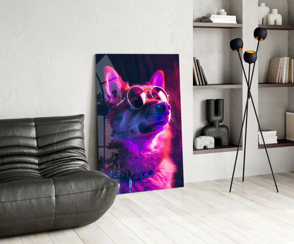 Pink Neon Shiba Aviator Dog with Glasses Glass Wall Art