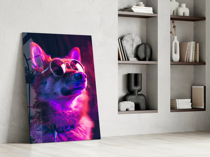 Pink Neon Shiba Aviator Dog with Glasses Glass Wall Art