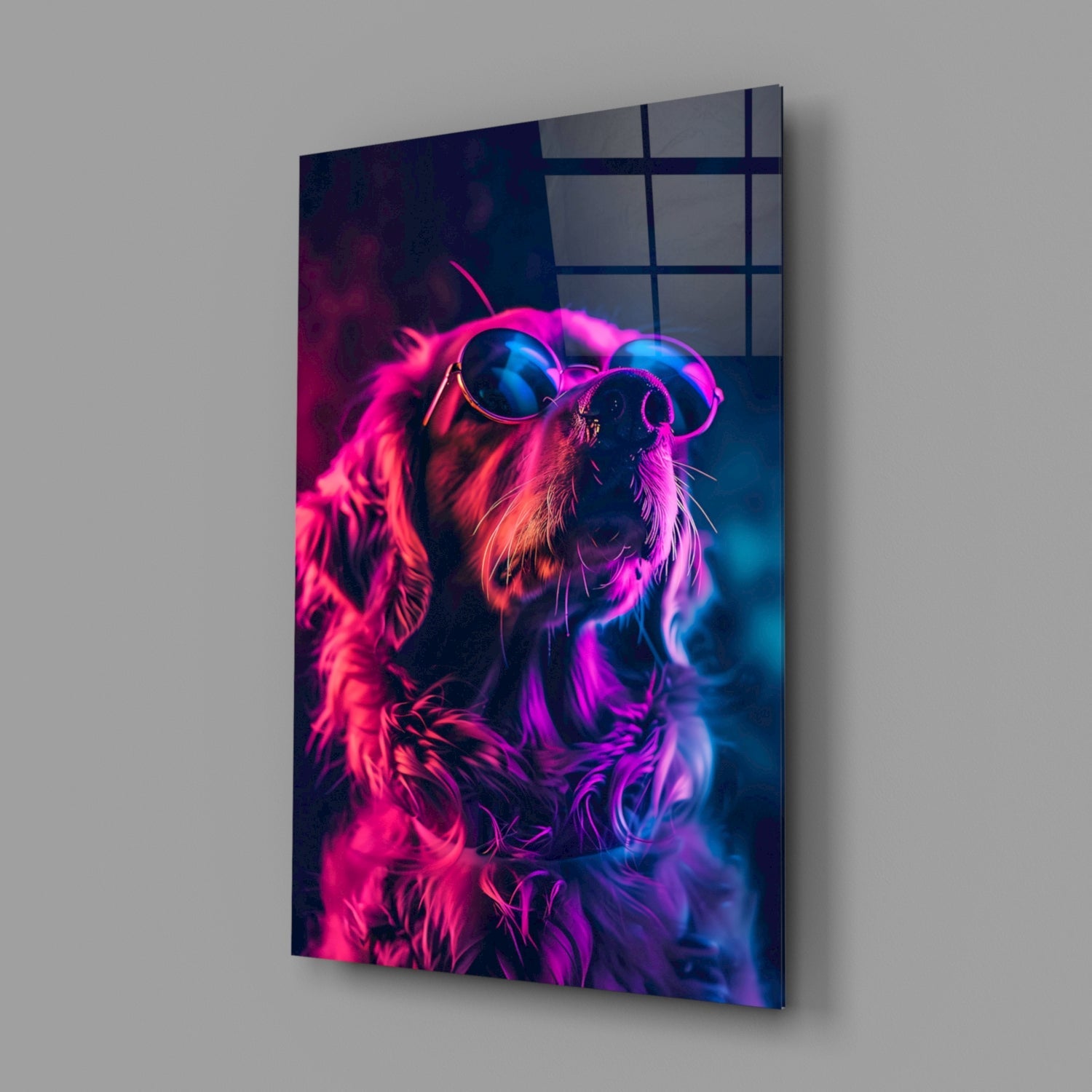 Magenta Glow Retriever Dog with Glasses Glass Wall Art