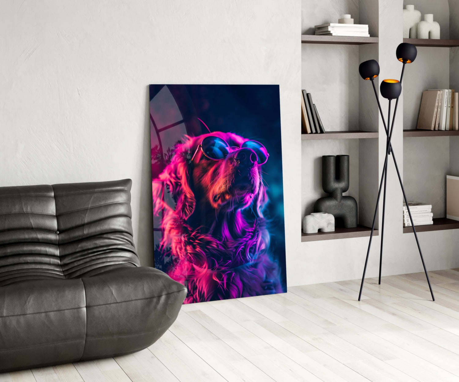 Magenta Glow Retriever Dog with Glasses Glass Wall Art
