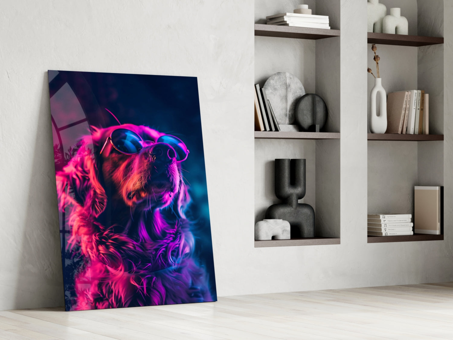 Magenta Glow Retriever Dog with Glasses Glass Wall Art