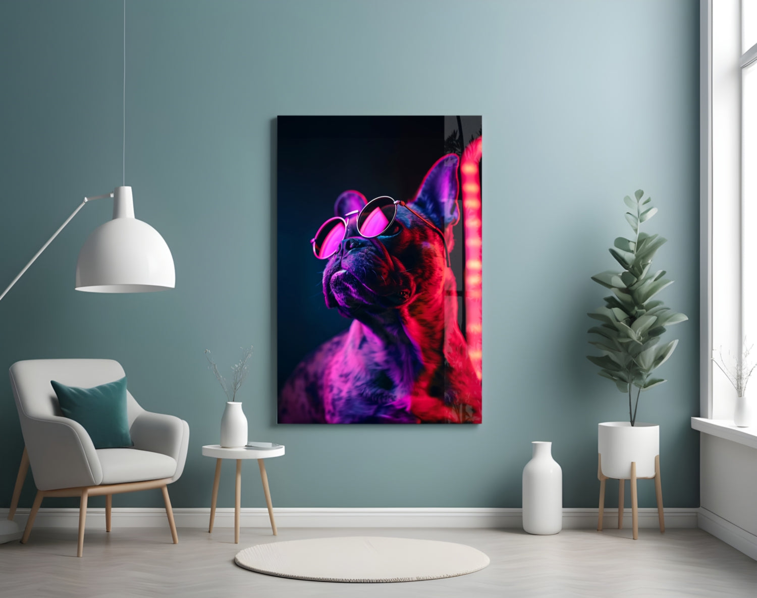 Red Neon Bulldog Round Frames Dog with Glasses Glass Wall Art