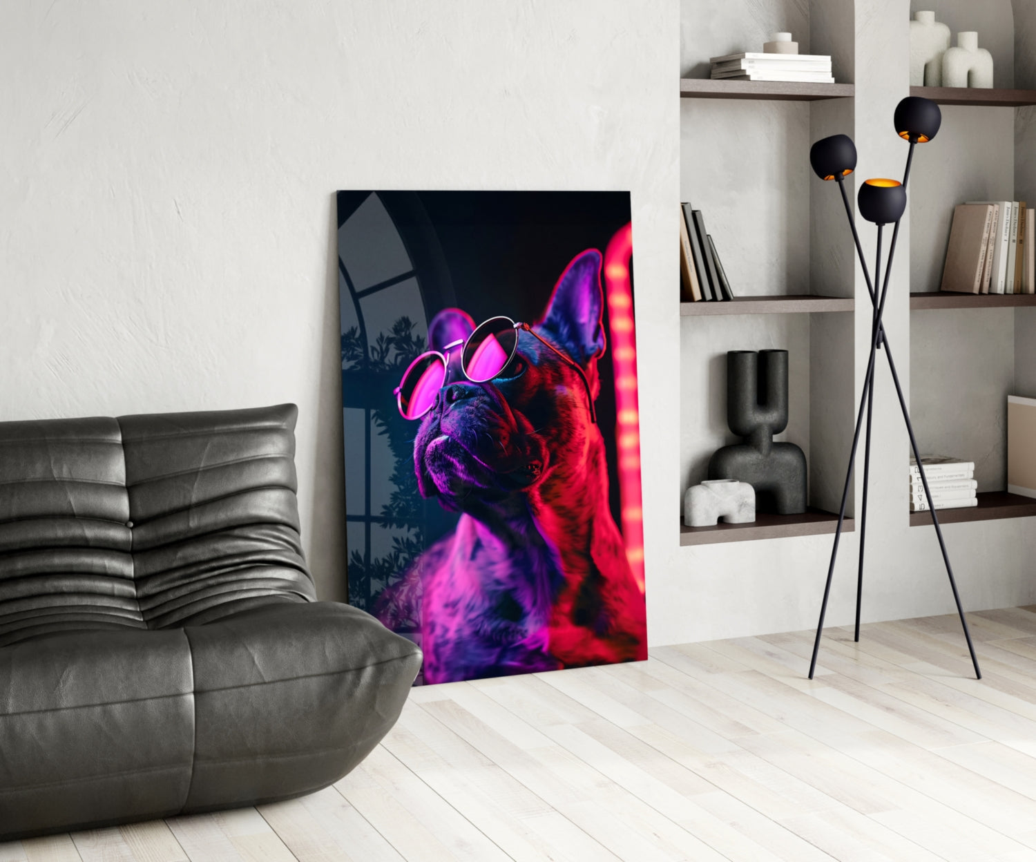 Red Neon Bulldog Round Frames Dog with Glasses Glass Wall Art
