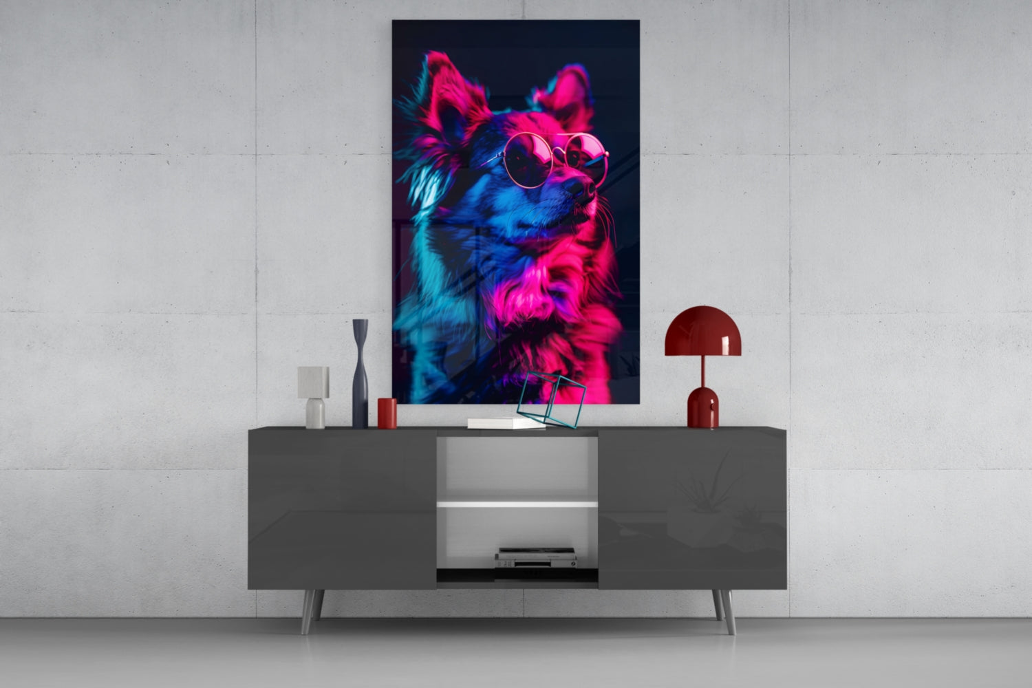 Blue and Pink Fluffy Chihuahua Dog with Glasses Glass Wall Art