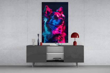 Blue and Pink Fluffy Chihuahua Dog with Glasses Glass Wall Art