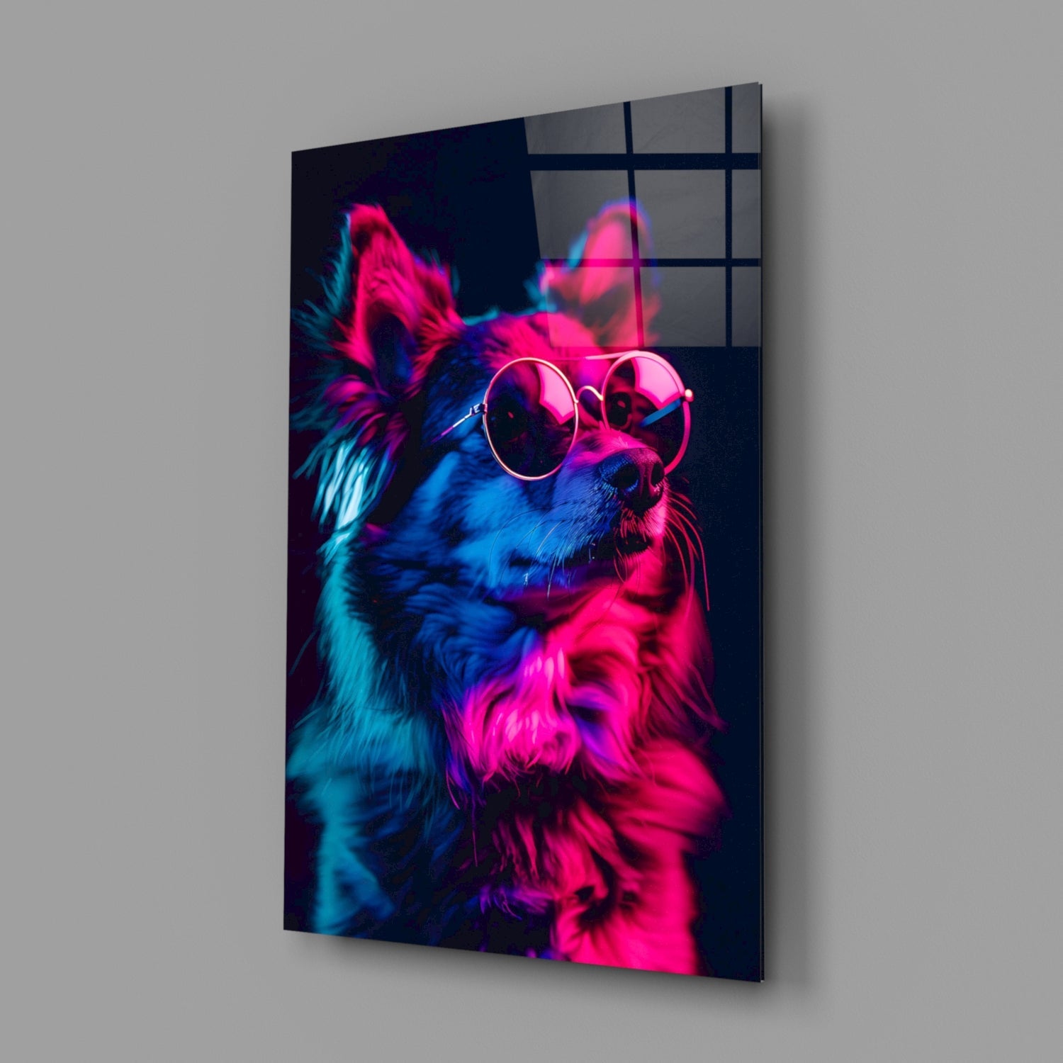 Blue and Pink Fluffy Chihuahua Dog with Glasses Glass Wall Art