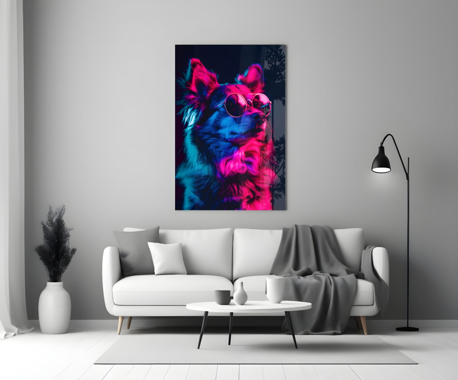 Blue and Pink Fluffy Chihuahua Dog with Glasses Glass Wall Art