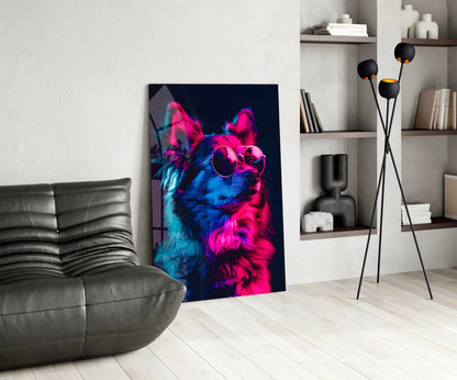 Blue and Pink Fluffy Chihuahua Dog with Glasses Glass Wall Art