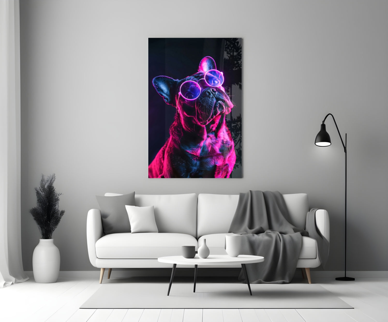 Purple Neon Frenchie Looking Up Dog with Glasses Glass Wall Art