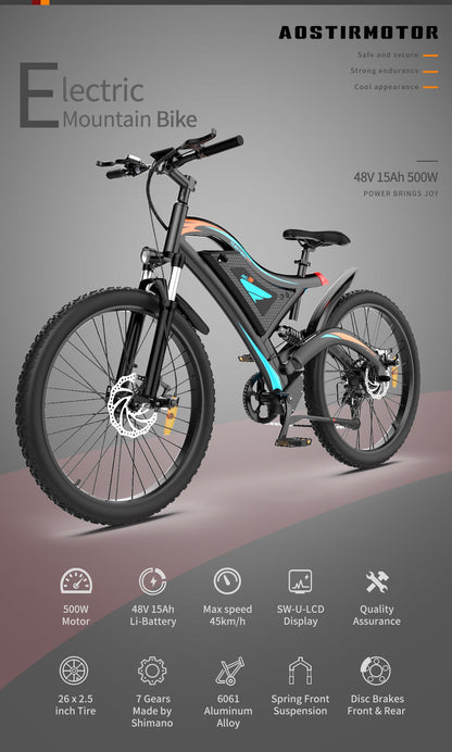 26x2.35 Inch E-Bike  48V 500W Rear Motor  15AH Lithium Battery  Front Suspension &amp; Dual Mechanical Disc Brakes
