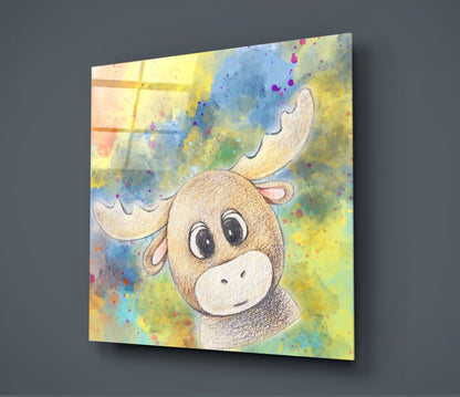 Cheerful Cartoon Moose Kids Glass Wall Art