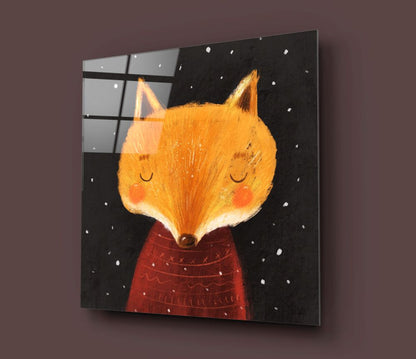 Smiling Orange Fox Starry Night Glass Wall Art