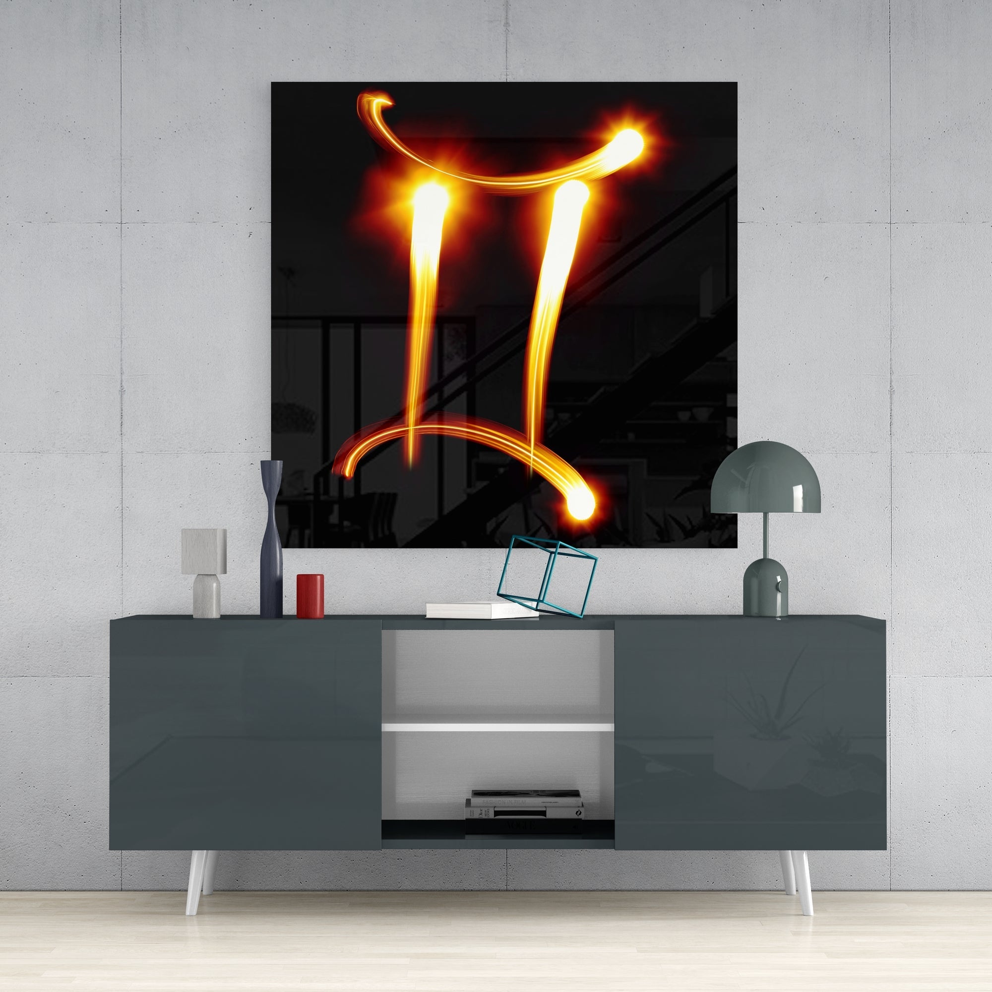 Flame Light Trail Gemini Symbol Glass Wall Art