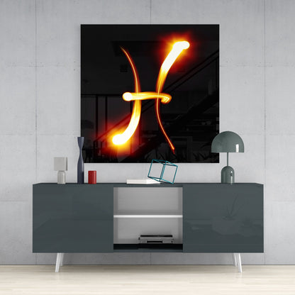 Glowing Flame Streak Pisces Symbol Glass Wall Art