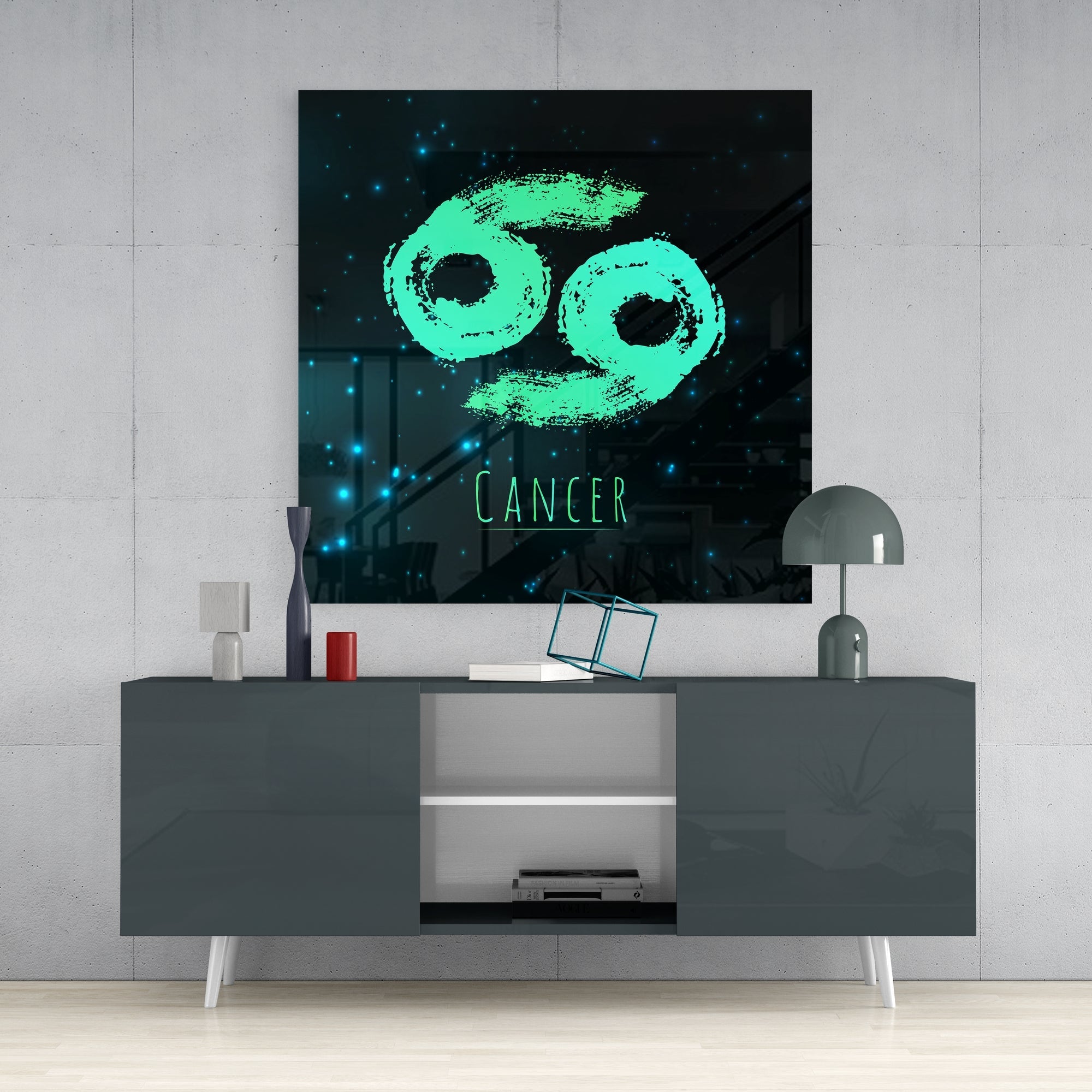 Mint Green Brushstroke Starry Cancer Glass Wall Art