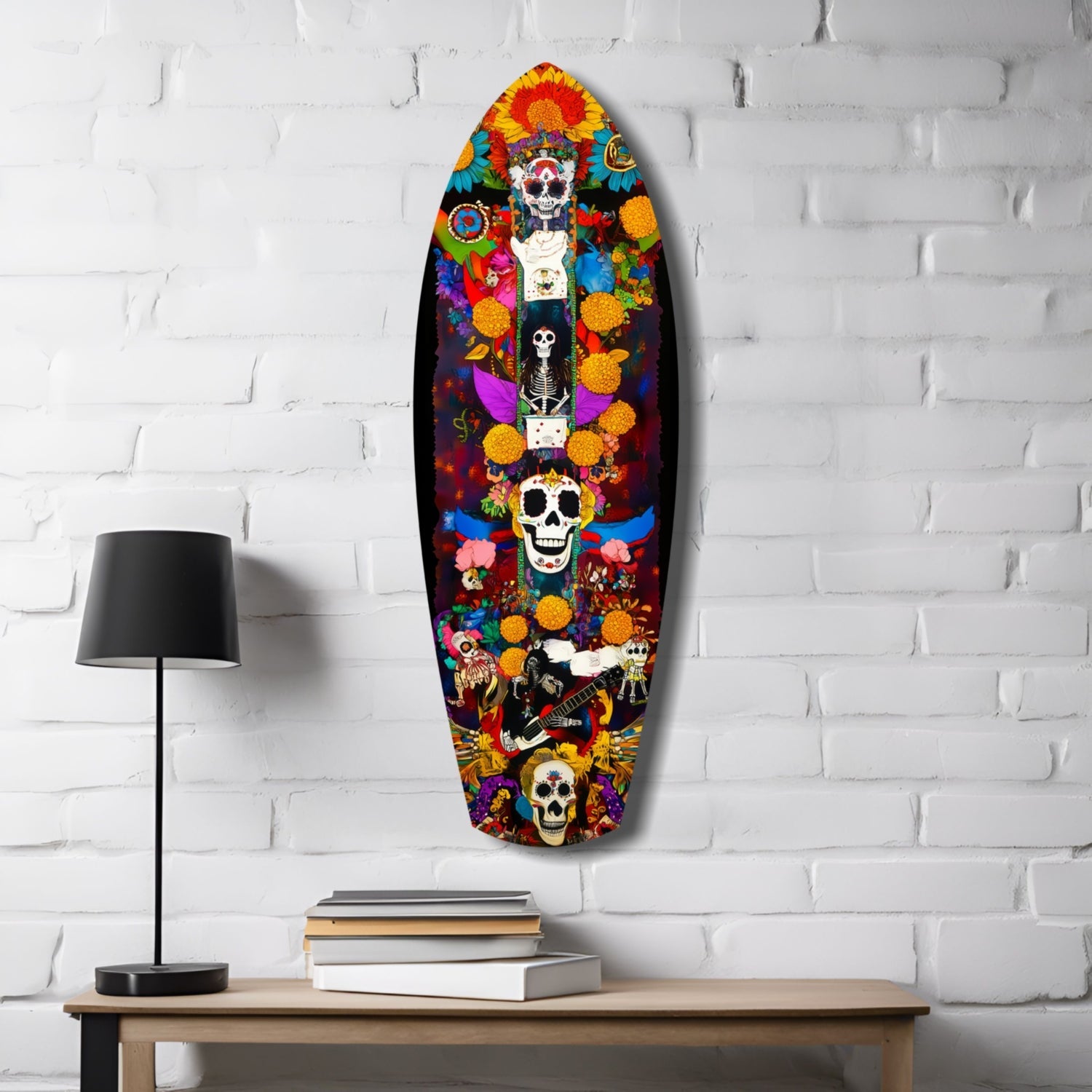 Floral Skull Totem With Guitar Glass Wall Art