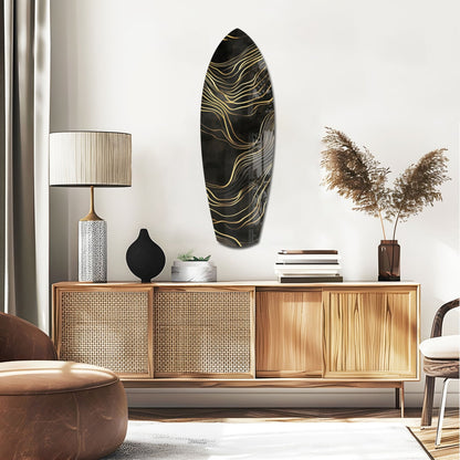 Surfboard Shaped Flowing Line Golden Waves Glass Wall Art