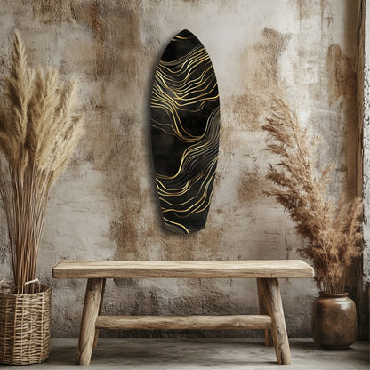 Surfboard Shaped Flowing Line Golden Waves Glass Wall Art