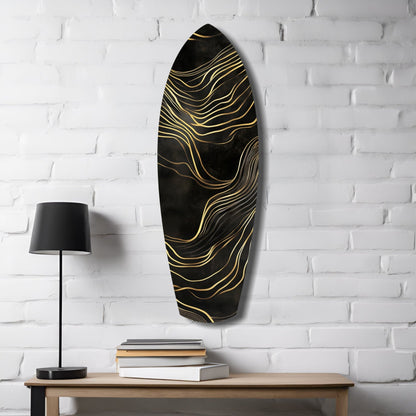 Surfboard Shaped Flowing Line Golden Waves Glass Wall Art
