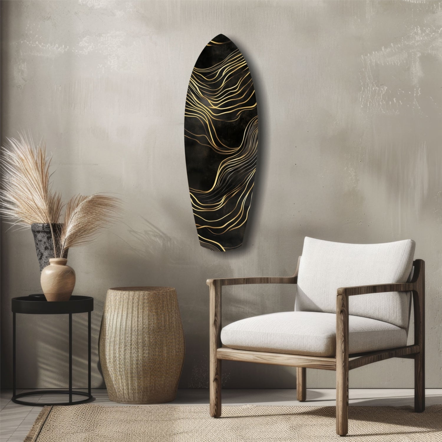 Surfboard Shaped Flowing Line Golden Waves Glass Wall Art
