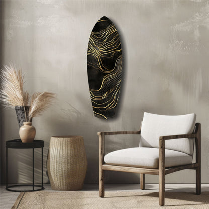 Surfboard Shaped Flowing Line Golden Waves Glass Wall Art