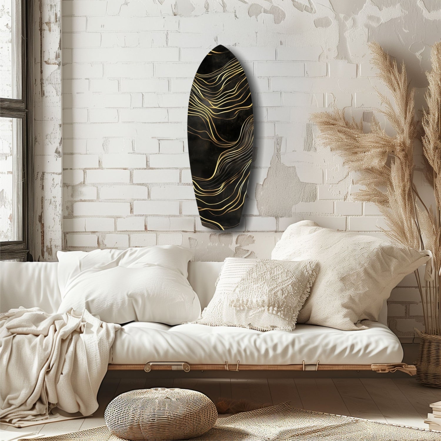 Surfboard Shaped Flowing Line Golden Waves Glass Wall Art
