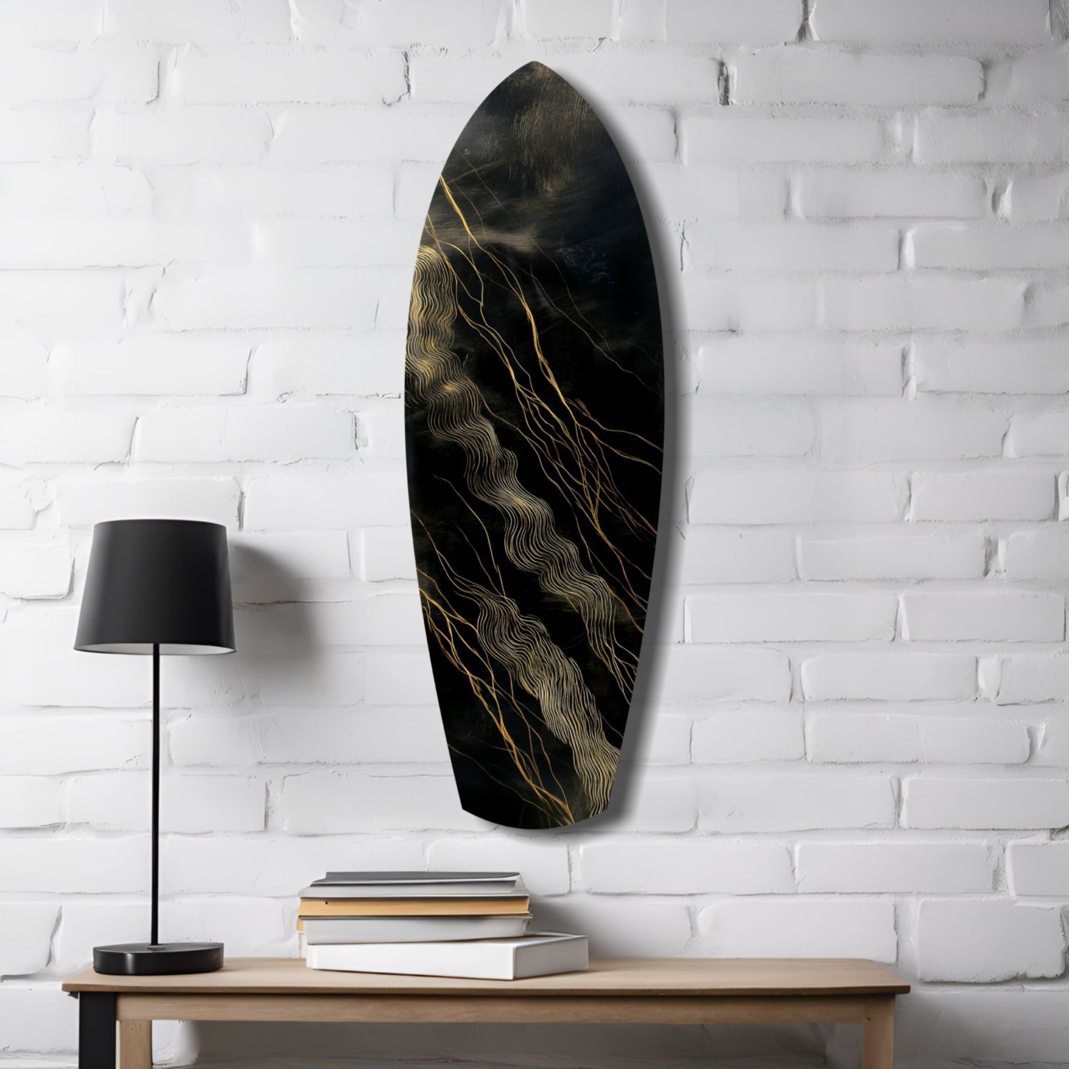 Surfboard Shaped Diagonal Streak Golden Waves Glass Wall Art