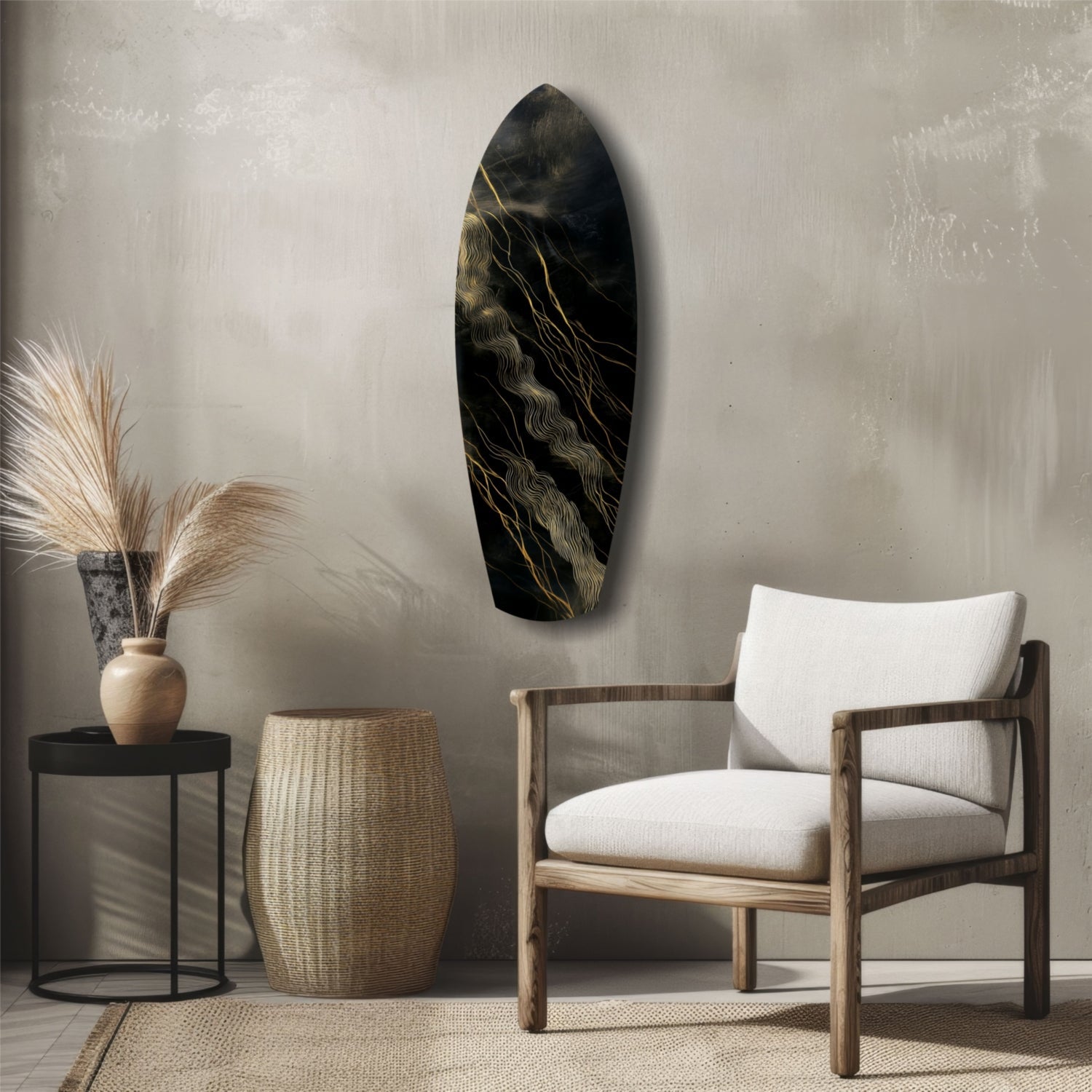 Surfboard Shaped Diagonal Streak Golden Waves Glass Wall Art
