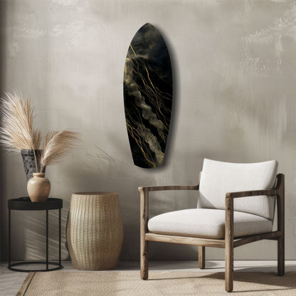 Surfboard Shaped Diagonal Streak Golden Waves Glass Wall Art