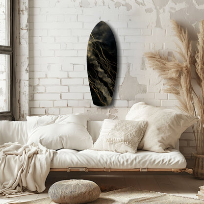 Surfboard Shaped Diagonal Streak Golden Waves Glass Wall Art