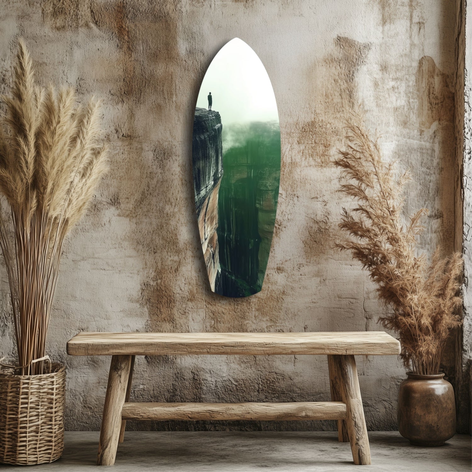 Green Mist Cliff Edge Lone Figure Glass Wall Art