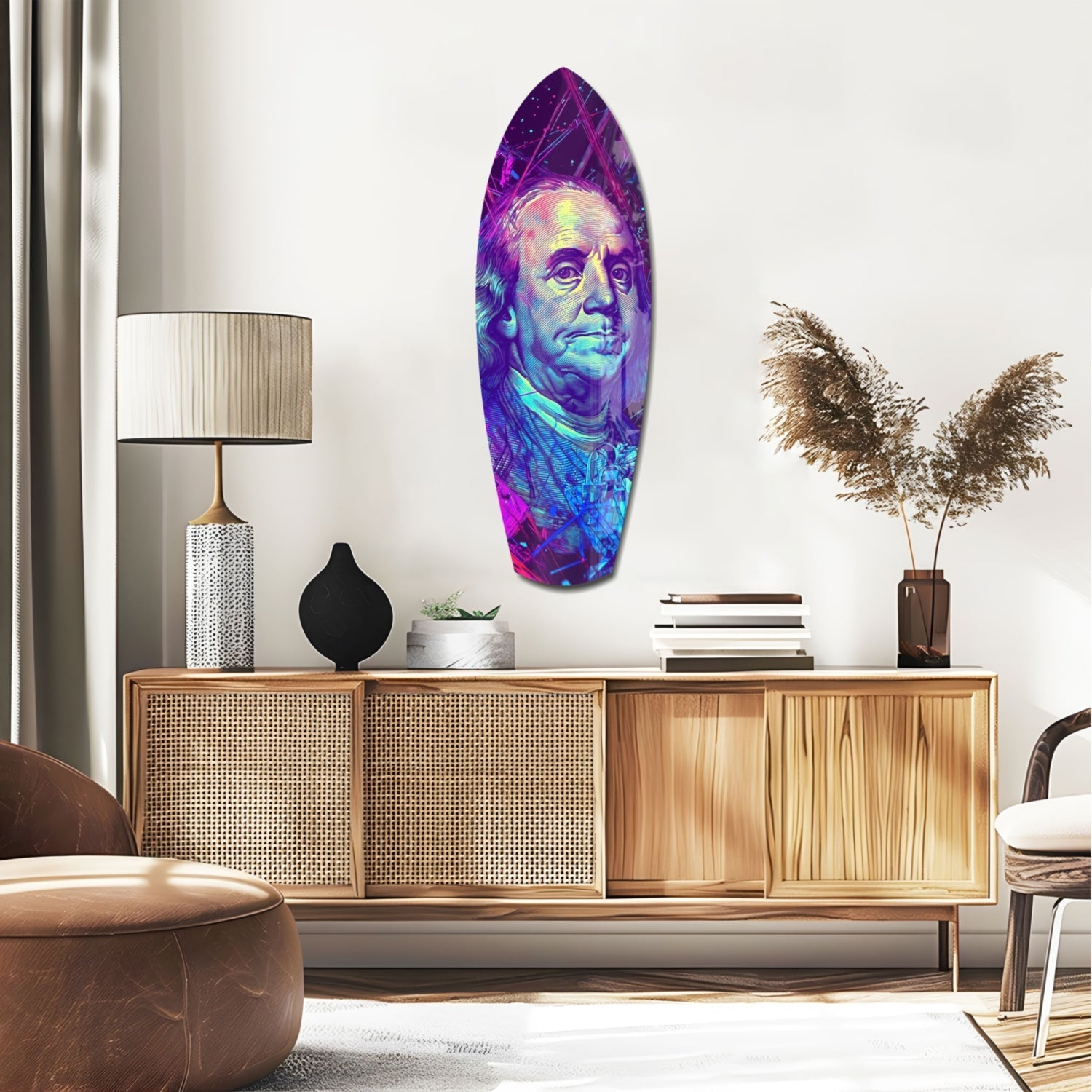 Neon Halftone Banknote Portrait Glass Wall Art