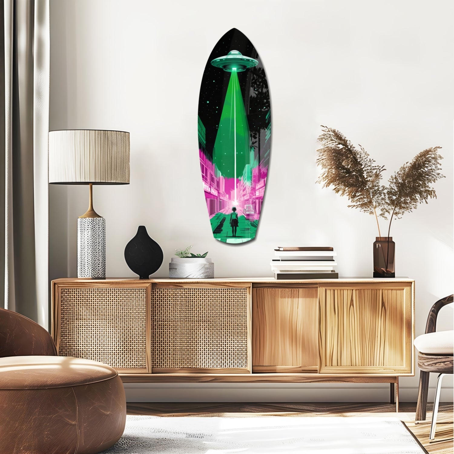 Pink and Green UFO Street Beam Glass Wall Art